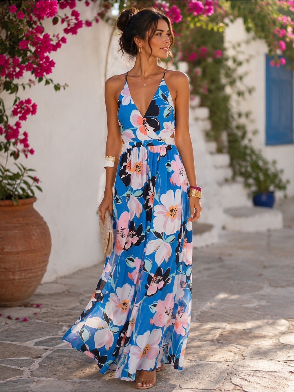 Backless Floral Dress in Blue and Pink